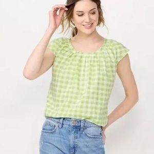 NWT Lauren Conrad | Green Checked Pleated Scoopneck Top Capped Sleeves Back Bow